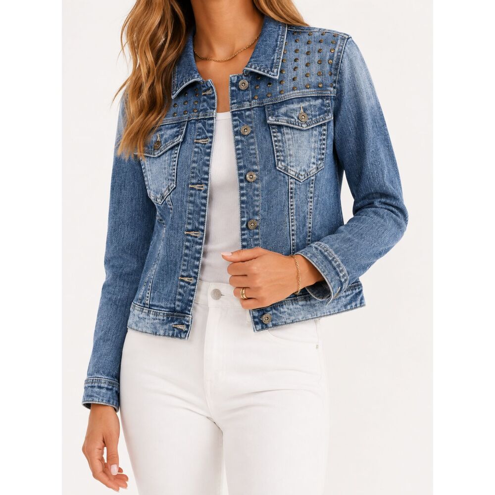 Tinseltown Denim Couture XL Studded Cropped Jean Jacket Y2K Western Moto Grunge